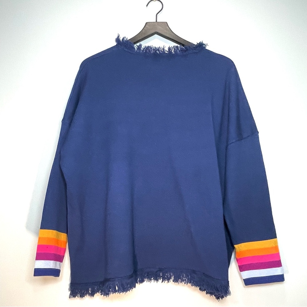 THML Women's Blue Sweater Fringe Neck & Hem Rainbow Stripe Cuff Size Medium - Picture 2 of 8